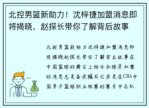 北控男篮新助力！沈梓捷加盟消息即将揭晓，赵探长带你了解背后故事