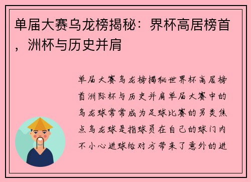 单届大赛乌龙榜揭秘：界杯高居榜首，洲杯与历史并肩