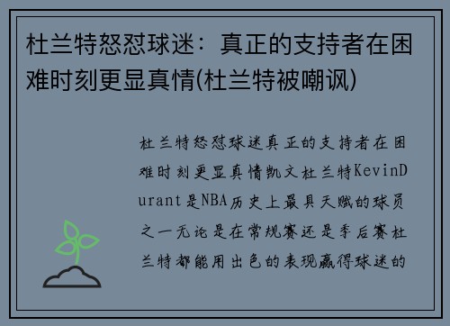 杜兰特怒怼球迷：真正的支持者在困难时刻更显真情(杜兰特被嘲讽)