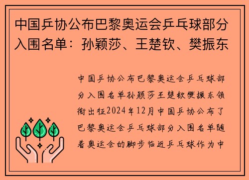 中国乒协公布巴黎奥运会乒乓球部分入围名单：孙颖莎、王楚钦、樊振东领衔出征