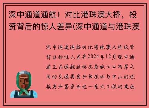 深中通道通航！对比港珠澳大桥，投资背后的惊人差异(深中通道与港珠澳大桥意义大比拼)