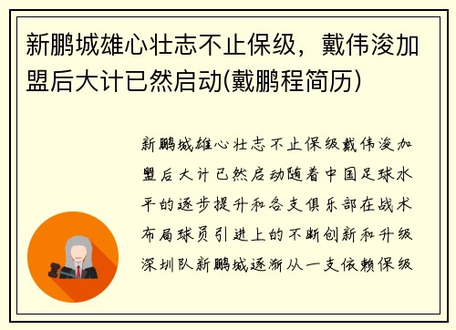 新鹏城雄心壮志不止保级，戴伟浚加盟后大计已然启动(戴鹏程简历)