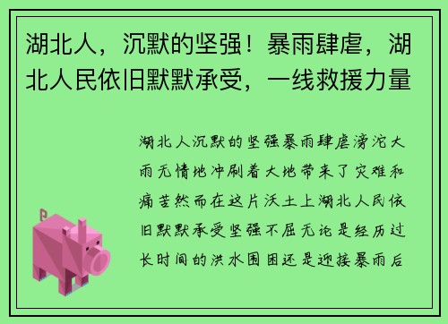 湖北人，沉默的坚强！暴雨肆虐，湖北人民依旧默默承受，一线救援力量无声奉献